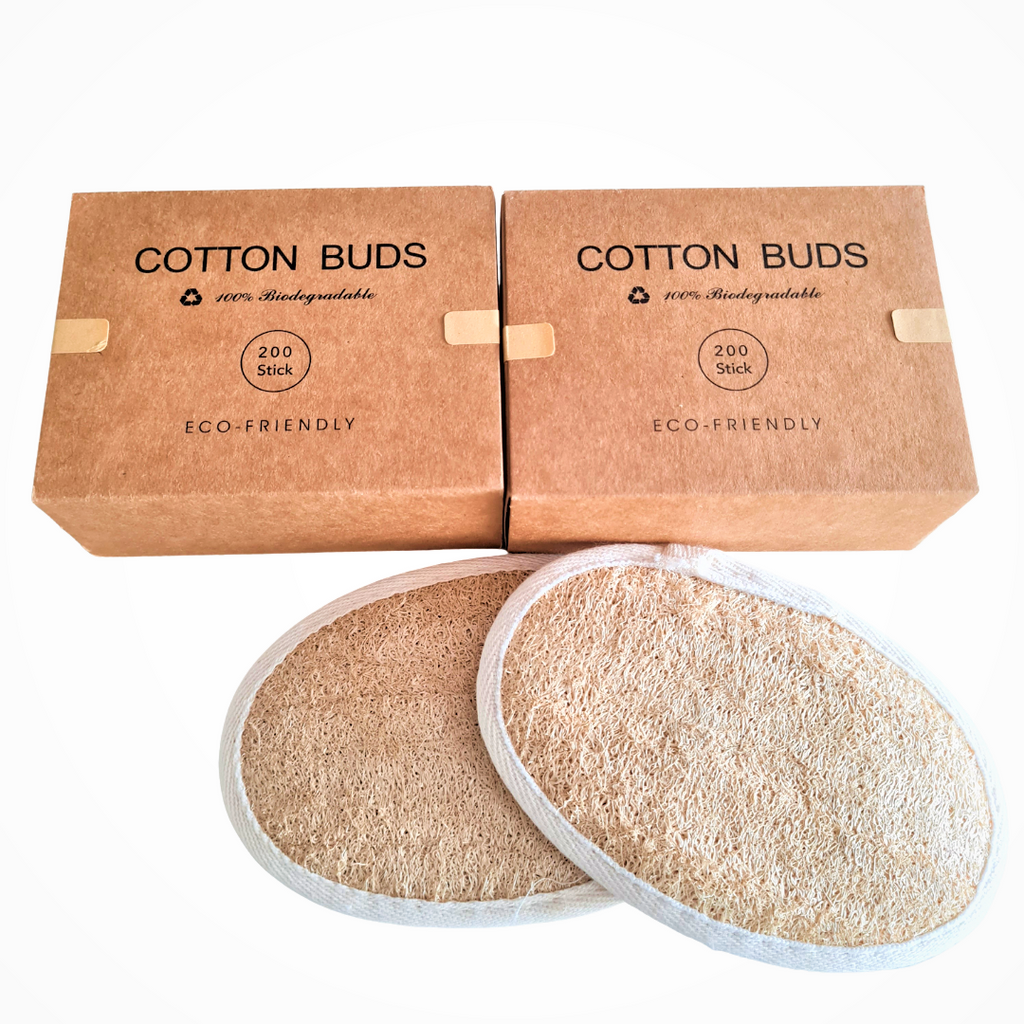2 Pack Bamboo Cotton Earbuds & Natural Body Loofah Set